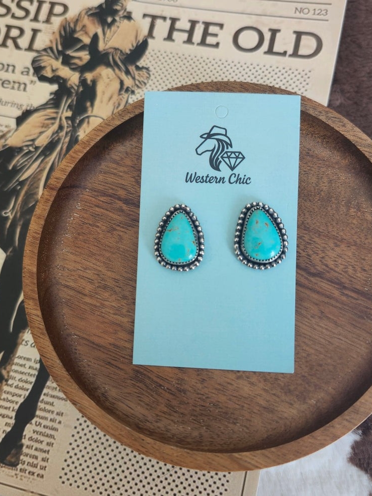 Handcrafted Sterling Silver And Sonora Turquoise Teardrop Stud Earrings